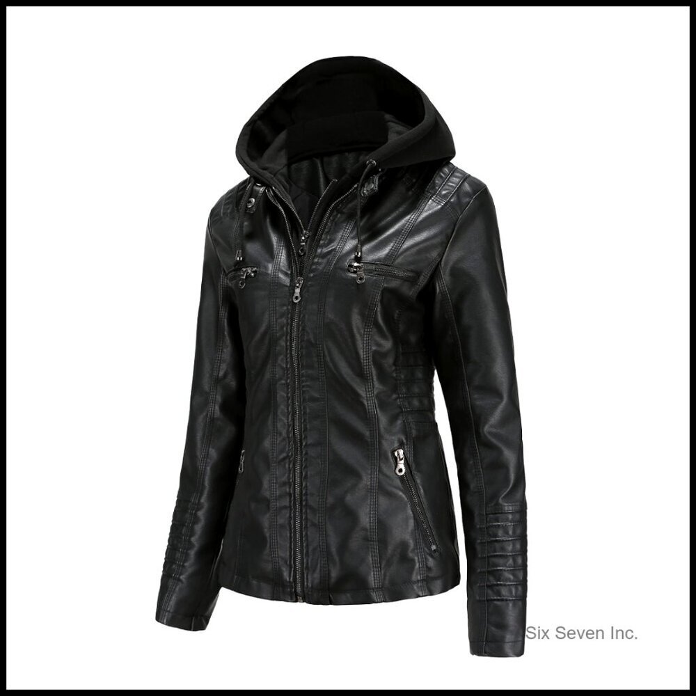Faux Leather Motorcycle Jacket with Removable Hood Plus Size Biker Style